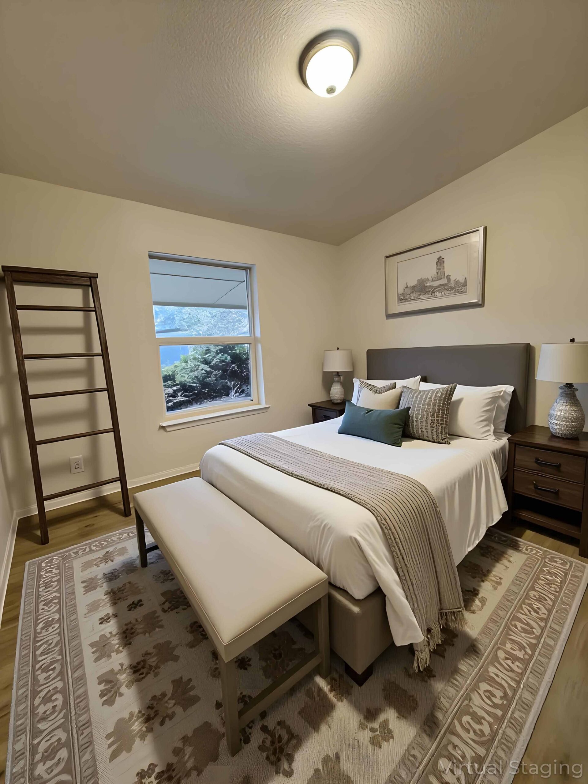 cozy bedroom with decorative ladder and patterned rug at brooke view in boise id scaled