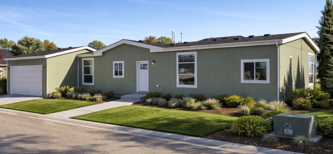 fresh sage green single story home with white garage at brooke view in boise id