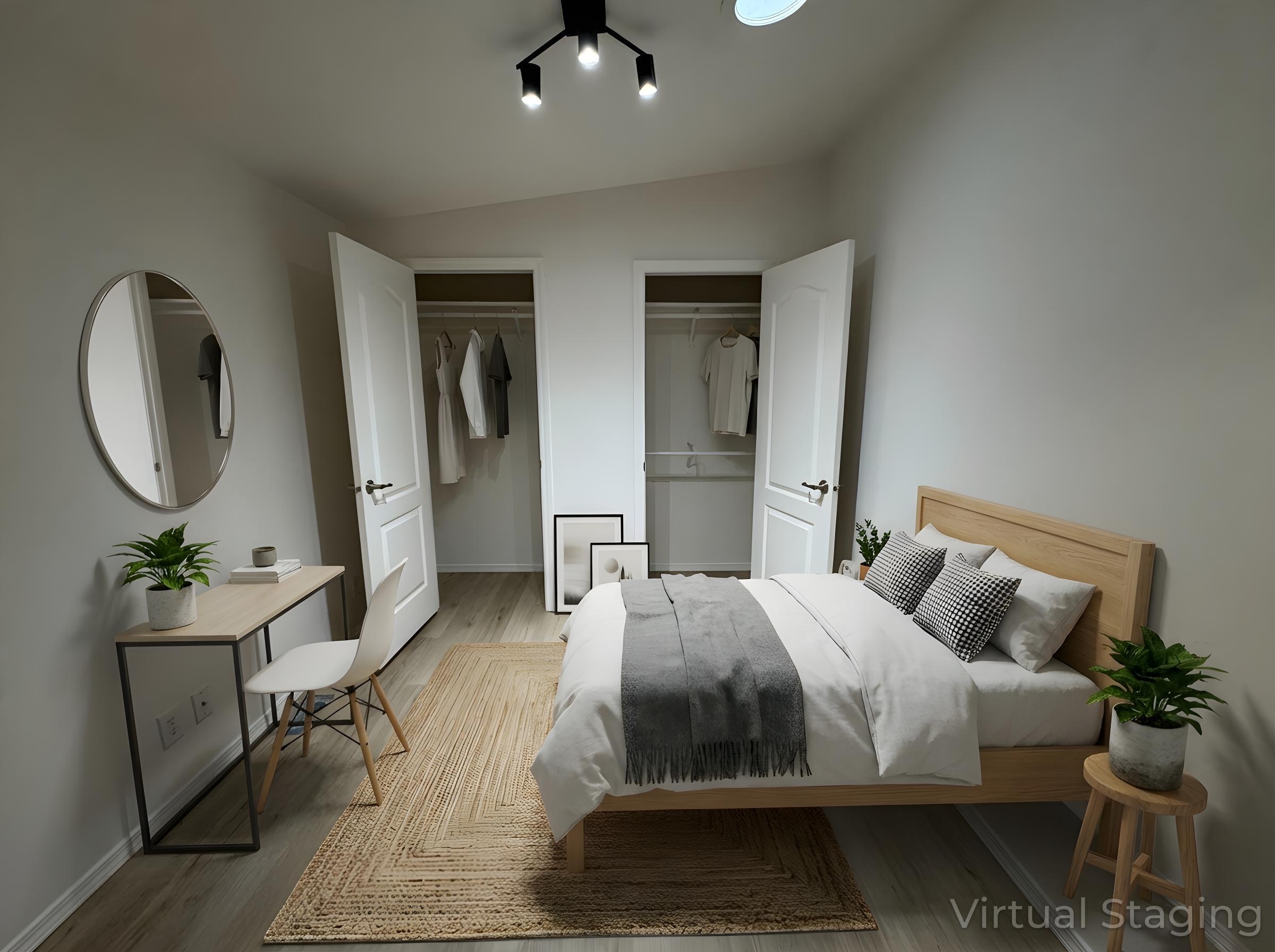 streamlined primary bedroom with dual closets and desk at brooke view in boise id